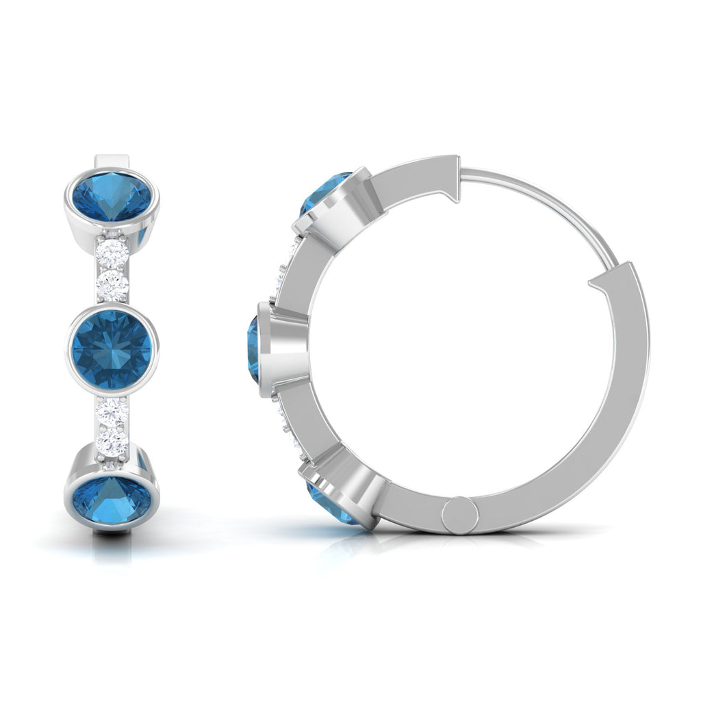 Bezel Set London Blue Topaz 3 Stone Hinged Hoop Earrings with Diamond London Blue Topaz - ( AAA ) - Quality - Rosec Jewels