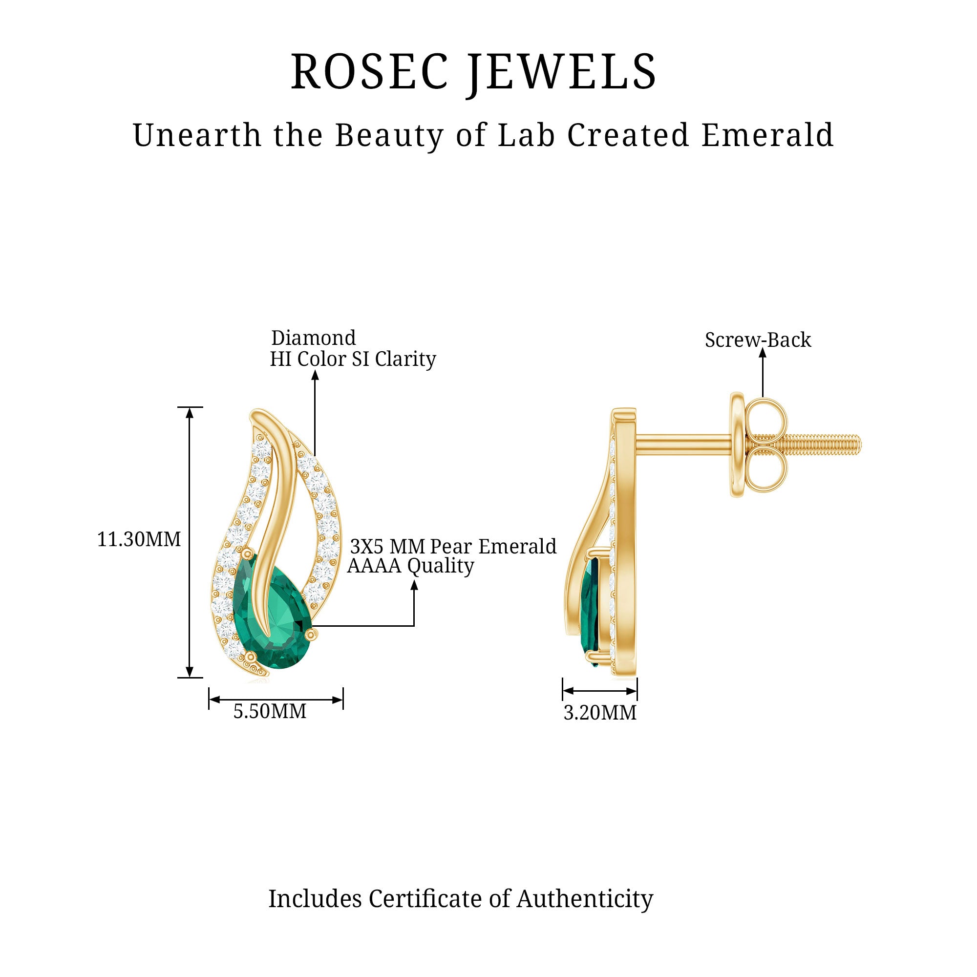 1/2 CT Created Emerald and Diamond Leaf Stud Earrings Lab Created Emerald - ( AAAA ) - Quality - Rosec Jewels