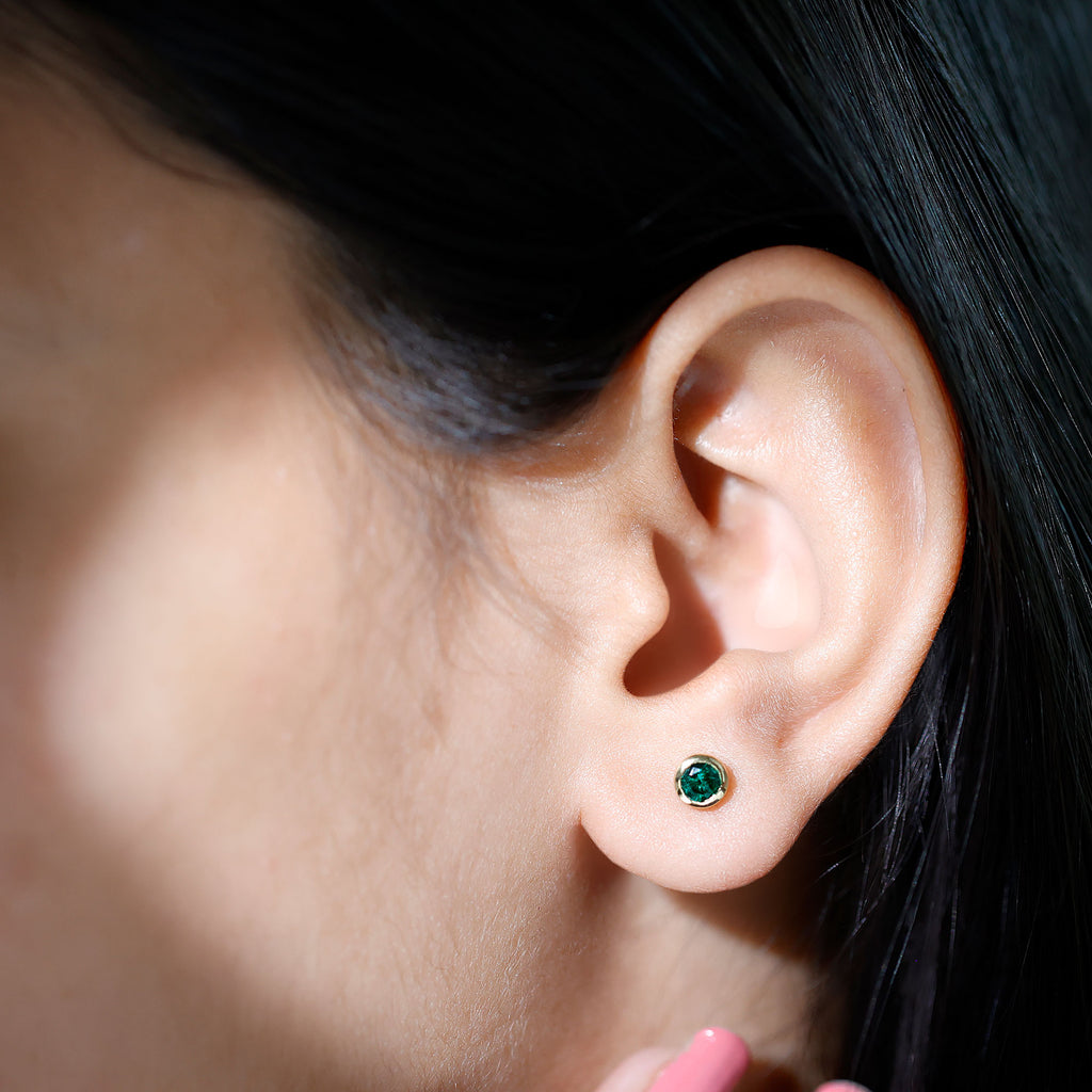 Round Shape Created Emerald Solitaire Stud Earrings in Bezel Setting Lab Created Emerald - ( AAAA ) - Quality - Rosec Jewels