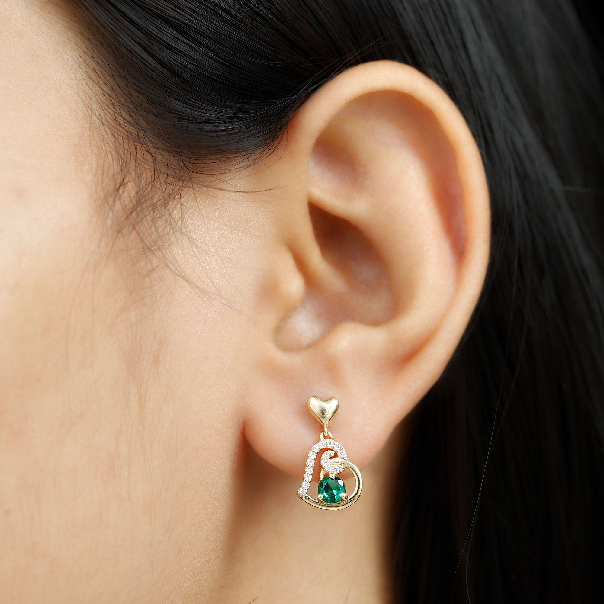 Created Emerald Heart Drop Earrings with Diamond Accent Lab Created Emerald - ( AAAA ) - Quality - Rosec Jewels