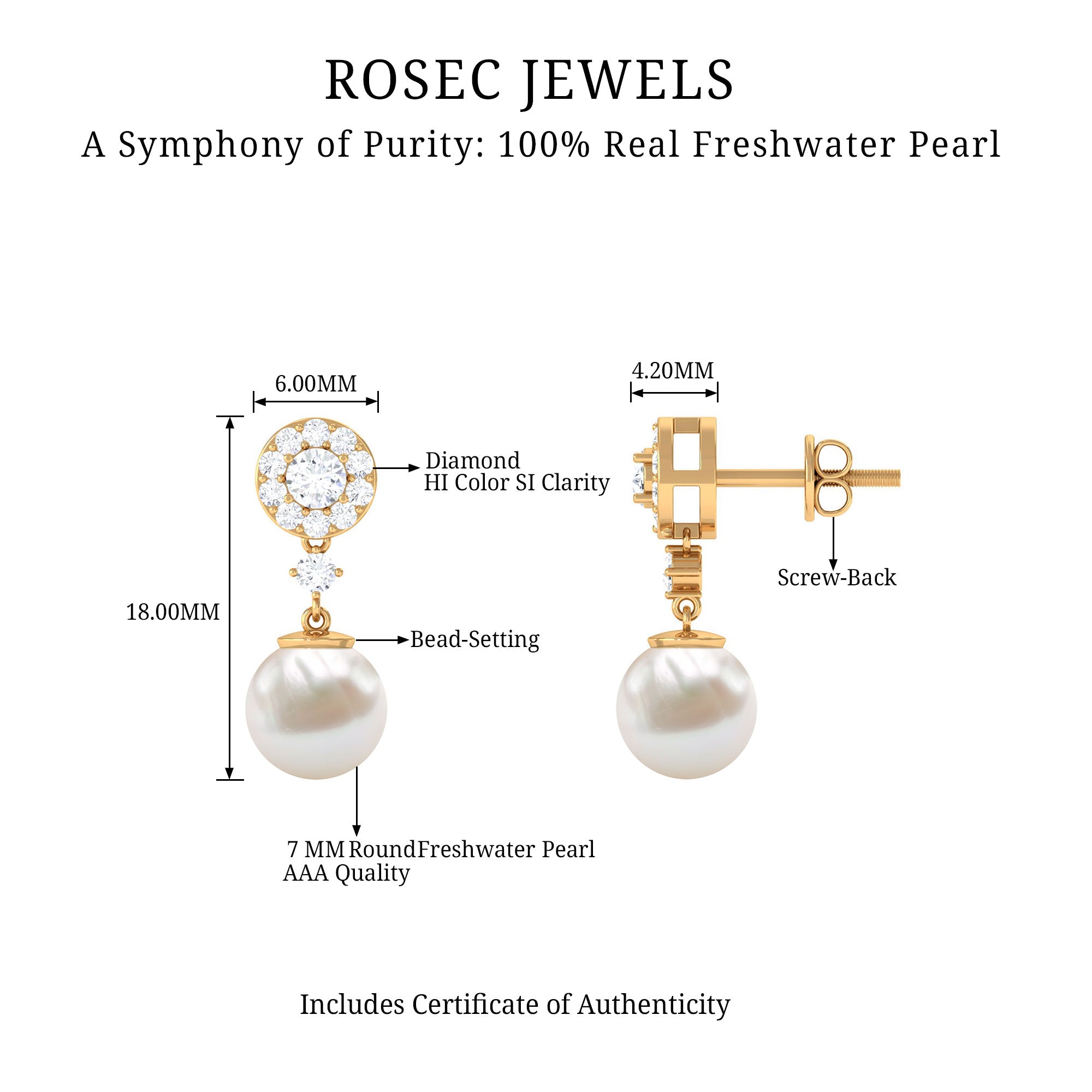6.50 CT Freshwater Pearl Drop Earrings with Diamond Accent Freshwater Pearl - ( AAA ) - Quality - Rosec Jewels