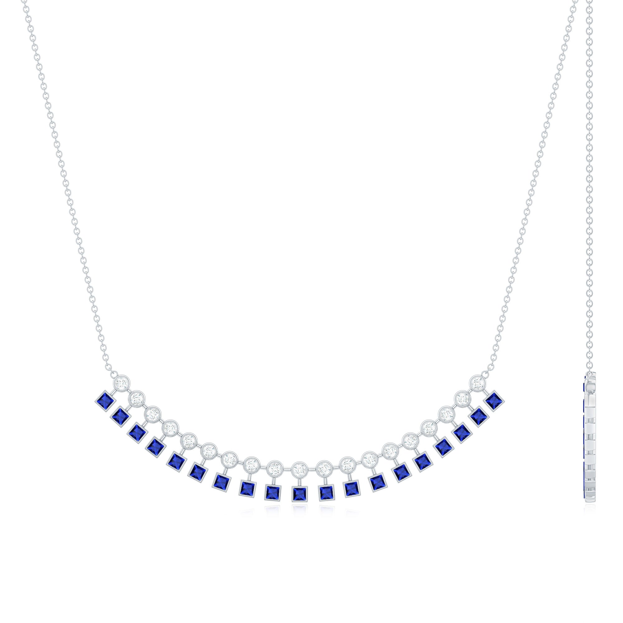 Princess Cut Created Blue Sapphire Silver Statement Necklace with Zircon - Rosec Jewels