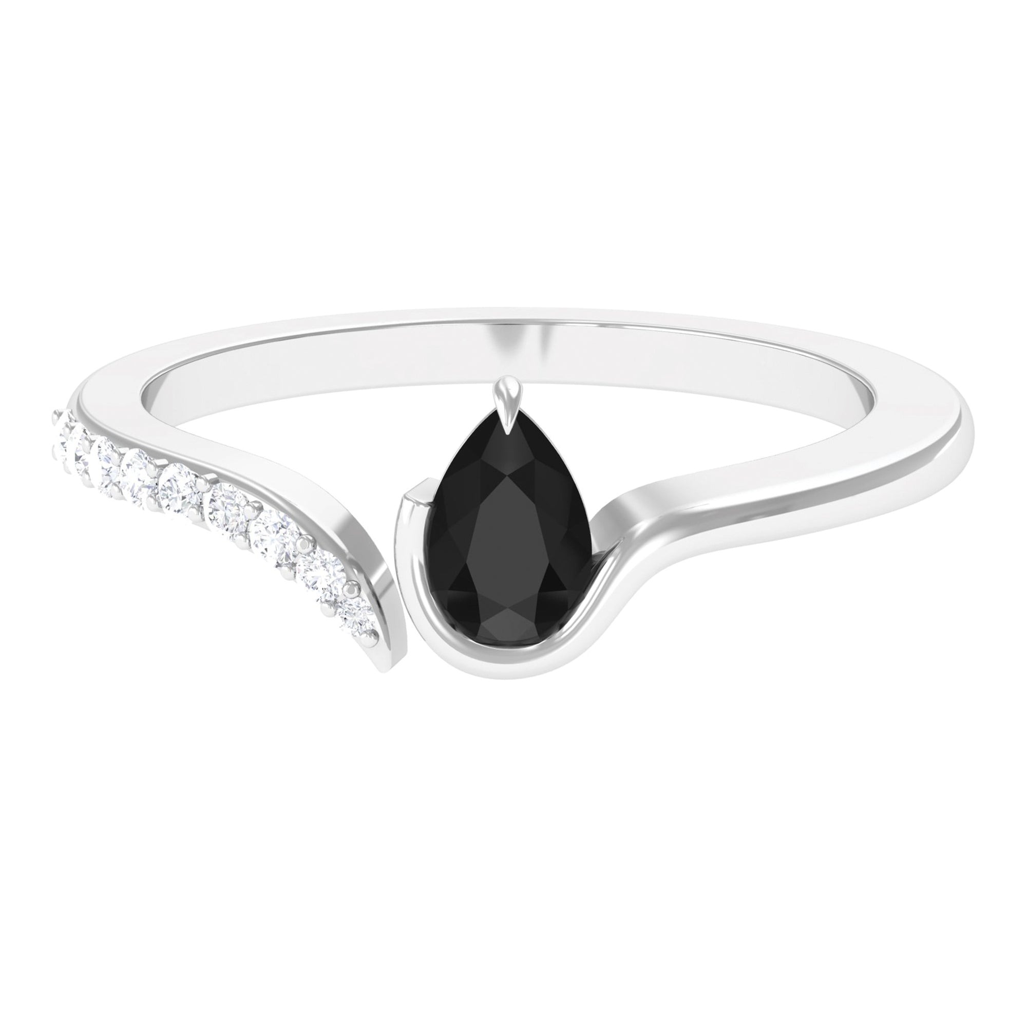 Pear Shape Black Onyx Solitaire Cuff Ring with Diamond Black Onyx - ( AAA ) - Quality - Rosec Jewels