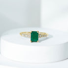 Real Emerald Solitaire Engagement Ring with Diamond Side Stones Emerald - ( AAA ) - Quality - Rosec Jewels