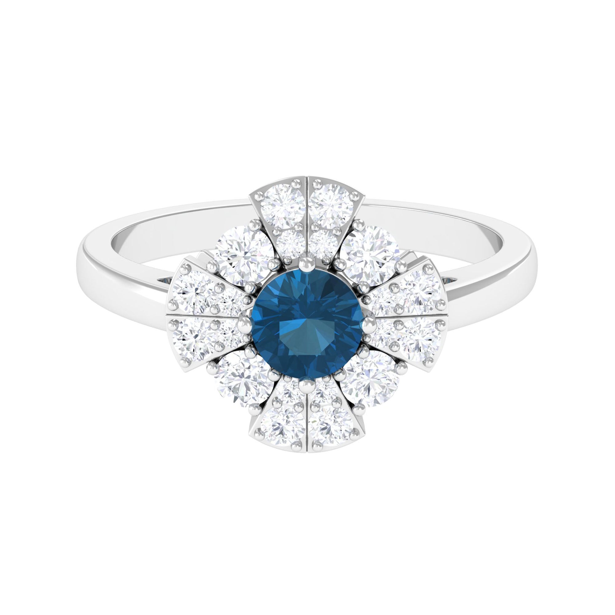2 CT London Blue Topaz Flower Engagement Ring with Diamond London Blue Topaz - ( AAA ) - Quality - Rosec Jewels