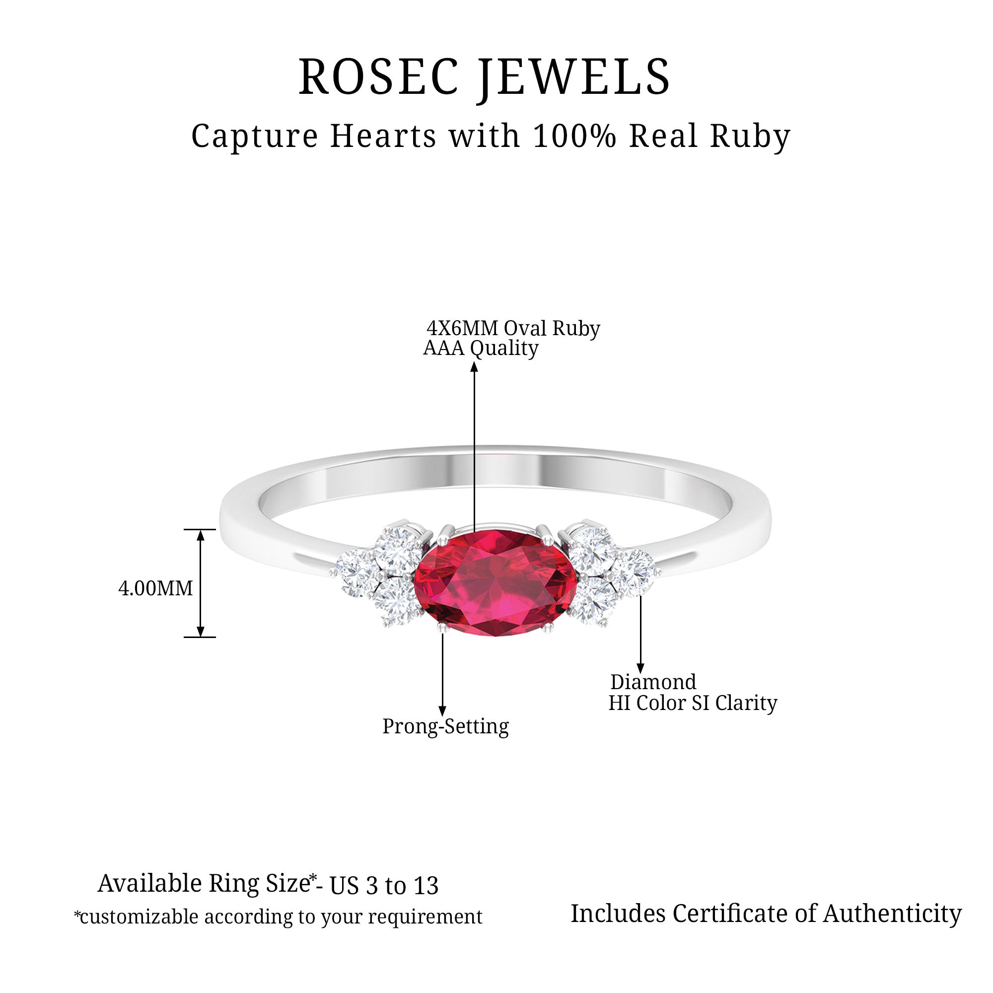 East West Ruby Oval Engagement Ring with Diamond Trio Ruby - ( AAA ) - Quality - Rosec Jewels