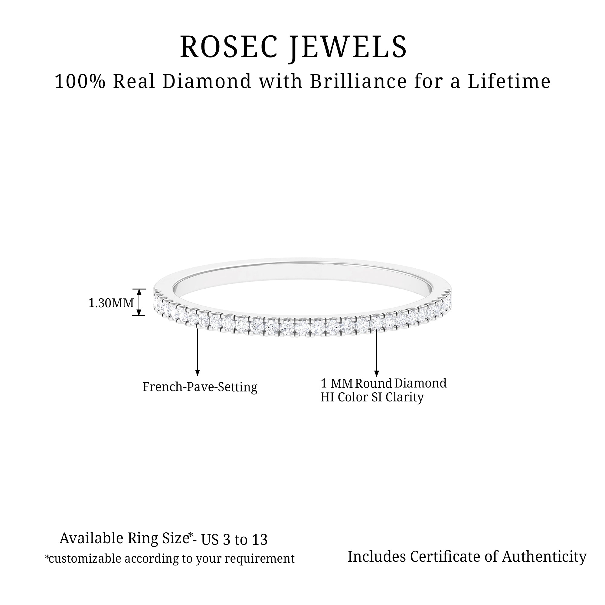 Minimalist Diamond Stackable Half Eternity Ring in French Pave Setting Diamond - ( HI-SI ) - Color and Clarity - Rosec Jewels