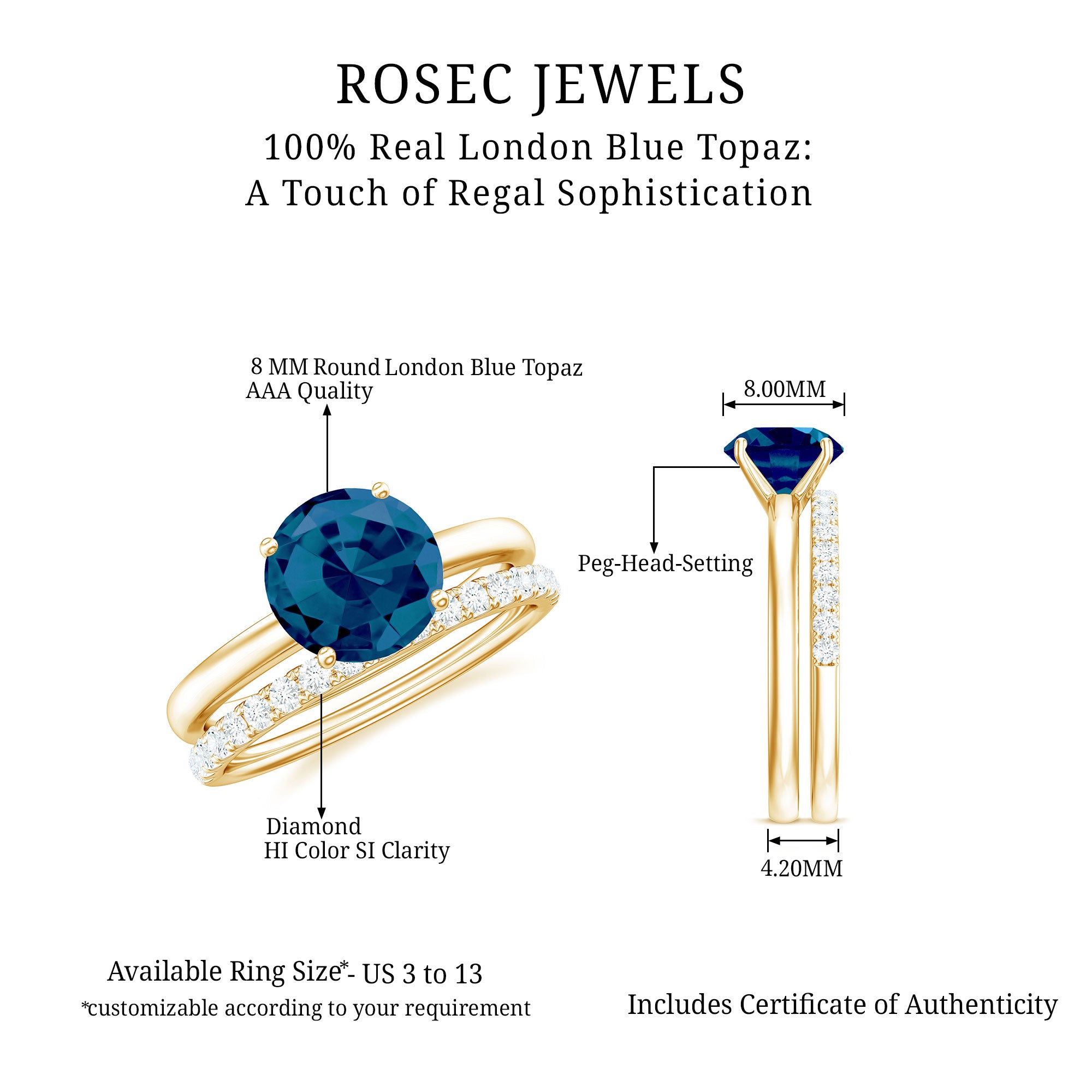 2.5 CT London Blue Topaz Solitaire Bridal Ring Set with Diamond London Blue Topaz - ( AAA ) - Quality - Rosec Jewels