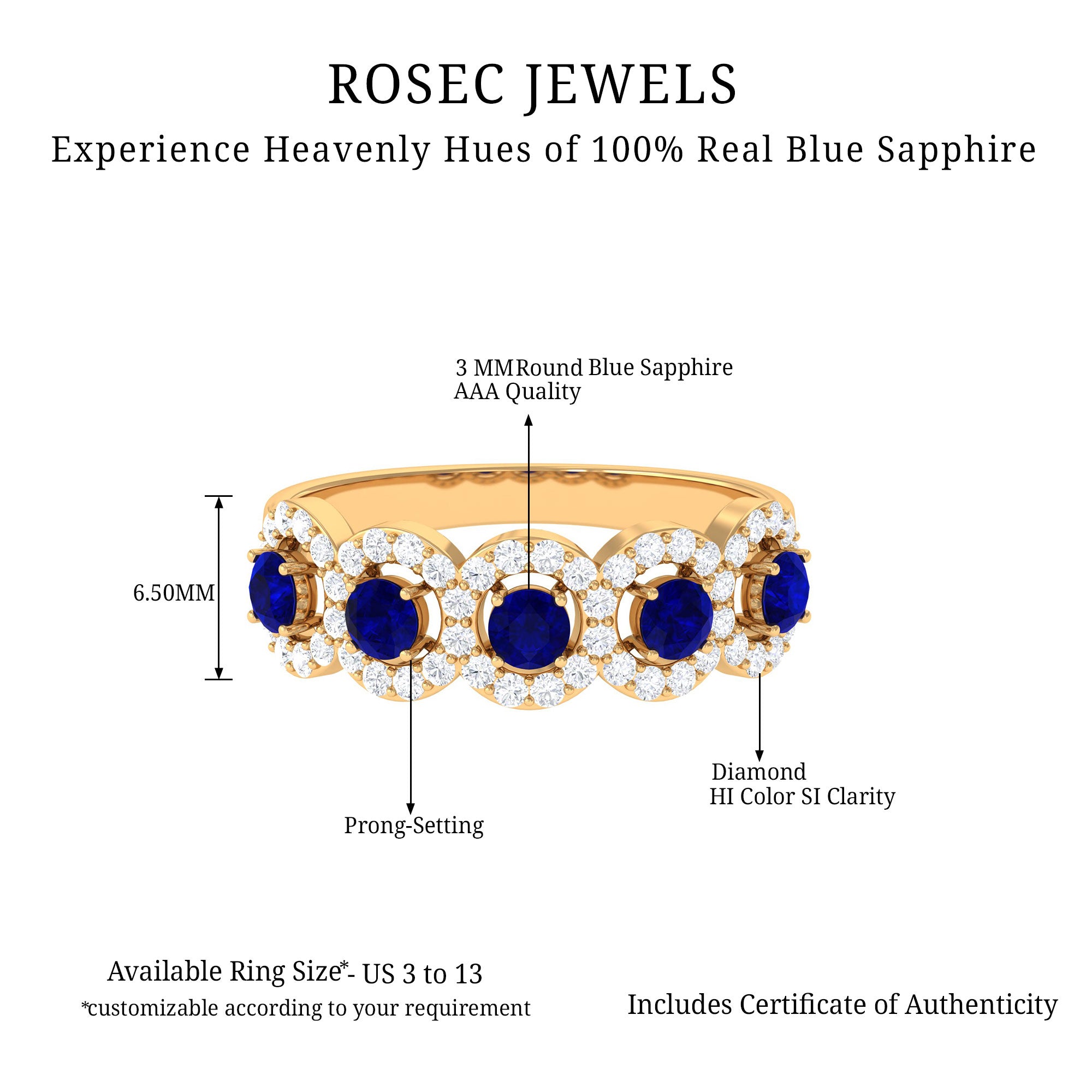 1.75 CT Round Shape Blue Sapphire and Diamond Halo Classic Band Ring Blue Sapphire - ( AAA ) - Quality - Rosec Jewels