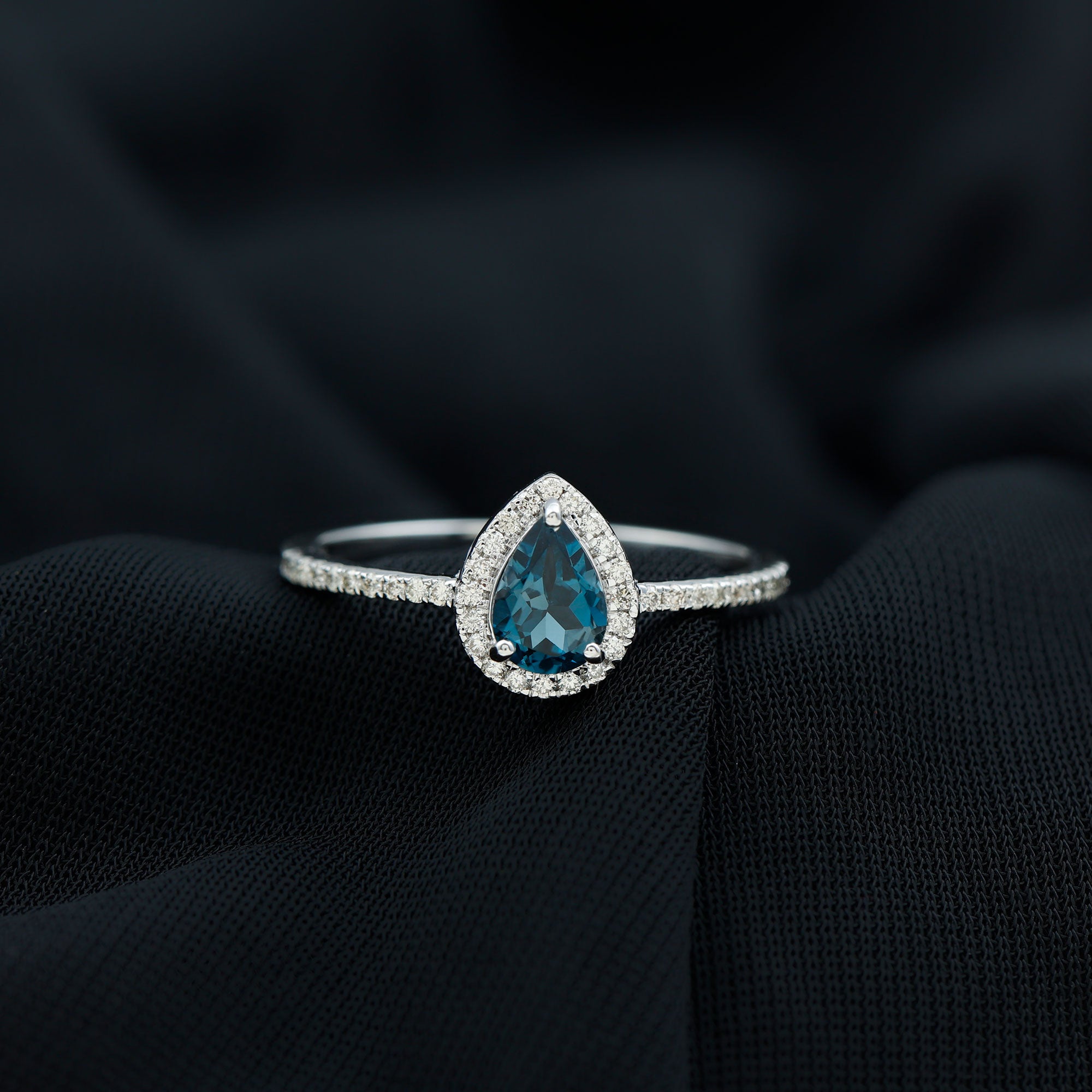 Simple London Blue Topaz Teardrop Ring with Moissanite Halo London Blue Topaz - ( AAA ) - Quality 92.5 Sterling Silver 6 - Rosec Jewels