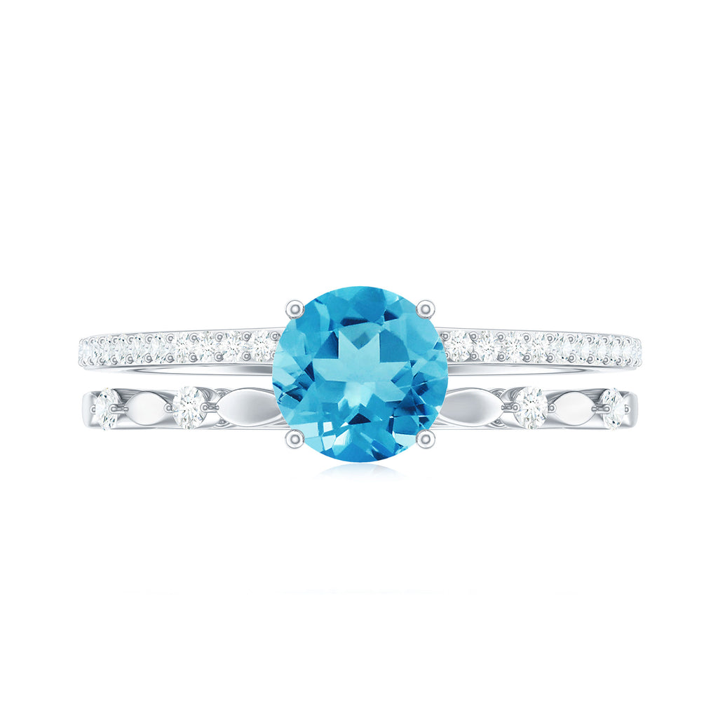 Round Shape Swiss Blue Topaz Solitaire Double Band Ring with Diamond Swiss Blue Topaz - ( AAA ) - Quality - Rosec Jewels