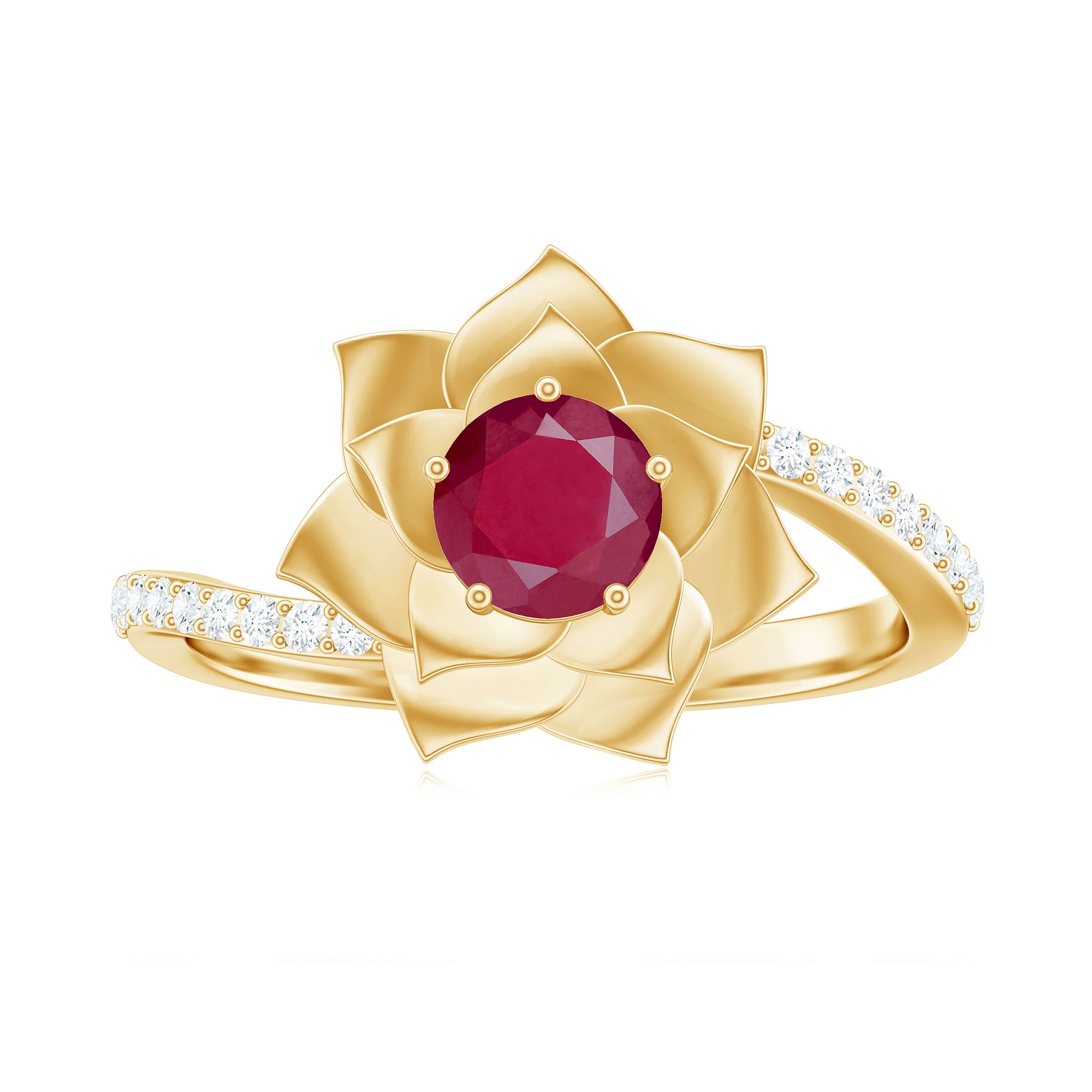 Real Ruby and Diamond Flower Ring with Bypass Shank Ruby - ( AAA ) - Quality - Rosec Jewels
