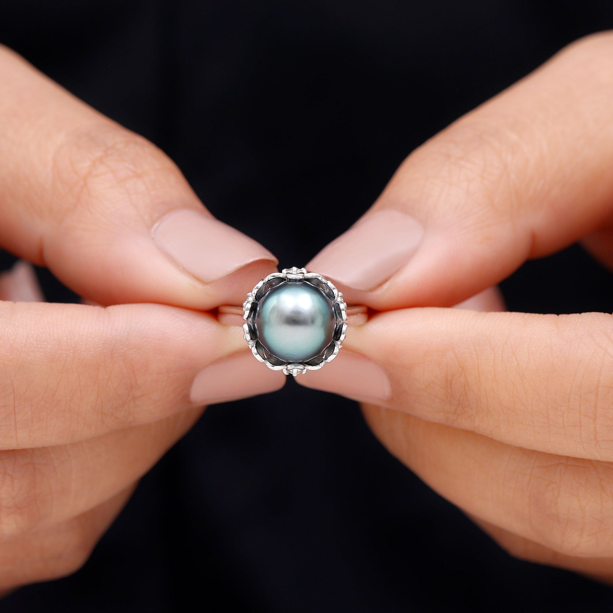 Tahitian Pearl and Diamond Solitaire Ring with Floral setting Tahitian pearl - ( AAA ) - Quality - Rosec Jewels