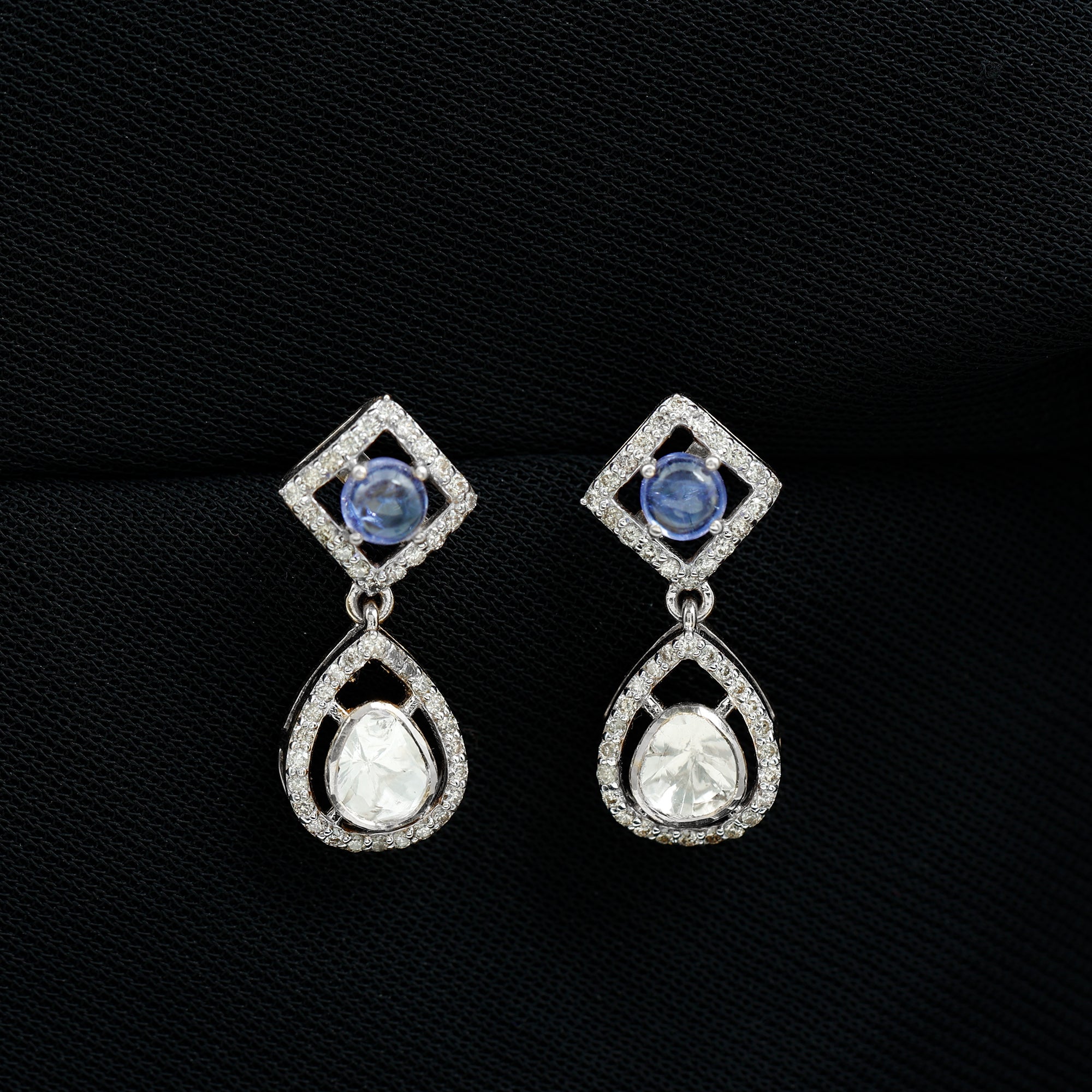 Victorian Style Polki Diamond and Tanzanite Drop Earrings in Gold - Rosec Jewels