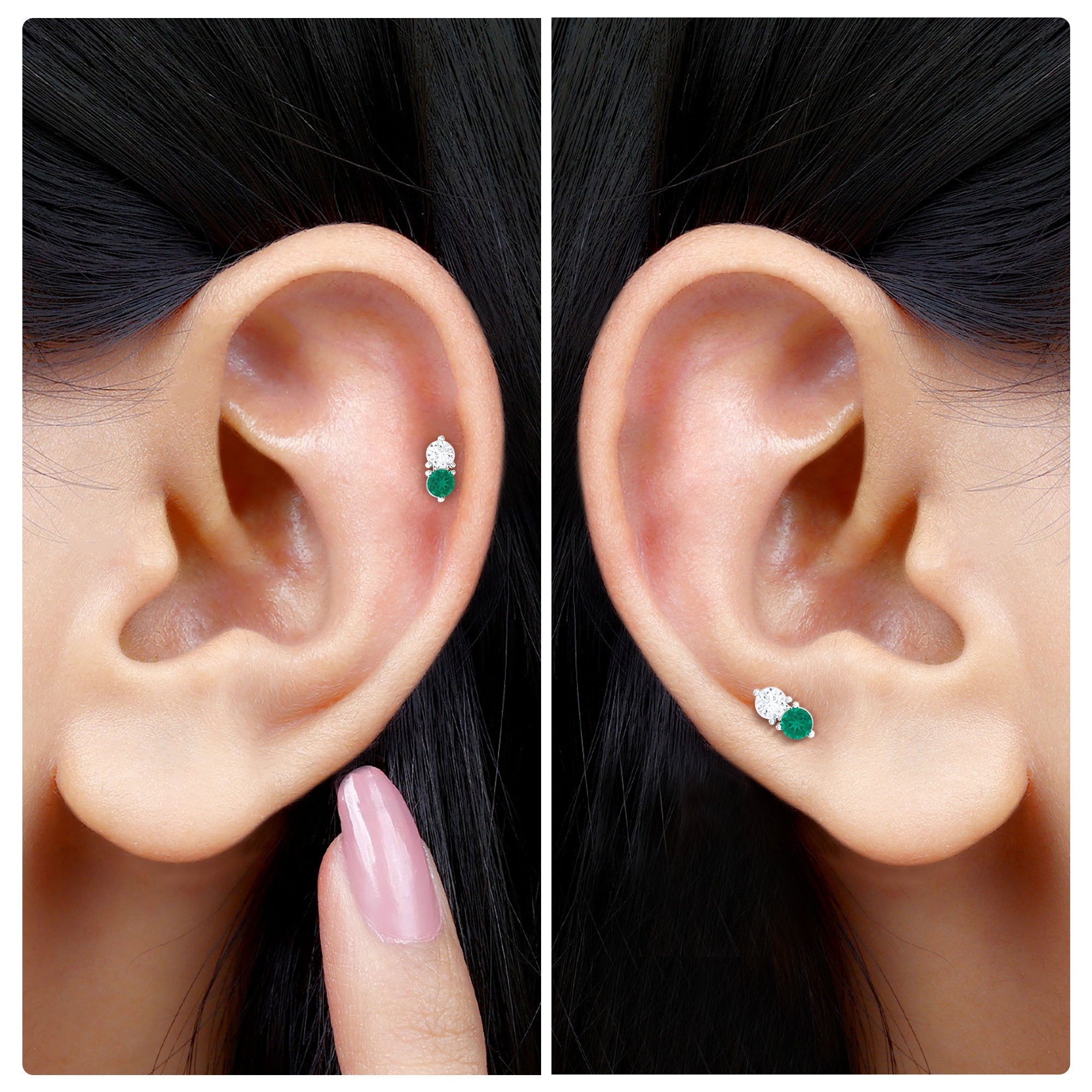 Dainty Emerald and Moissanite Two Stone Tragus Earring Emerald - ( AAA ) - Quality - Rosec Jewels