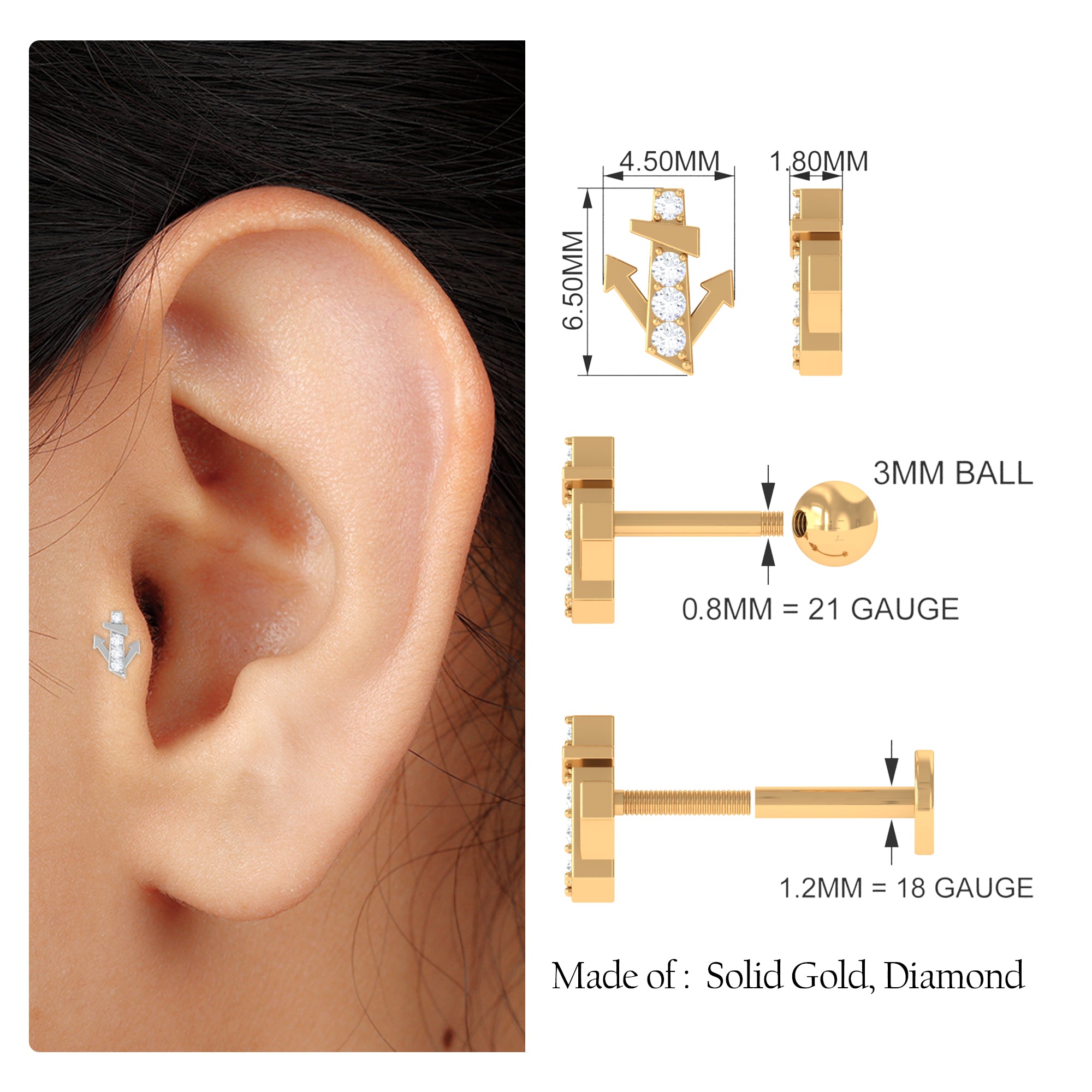 Natural Diamond Quirky Helix Earring in Gold Diamond - ( HI-SI ) - Color and Clarity - Rosec Jewels