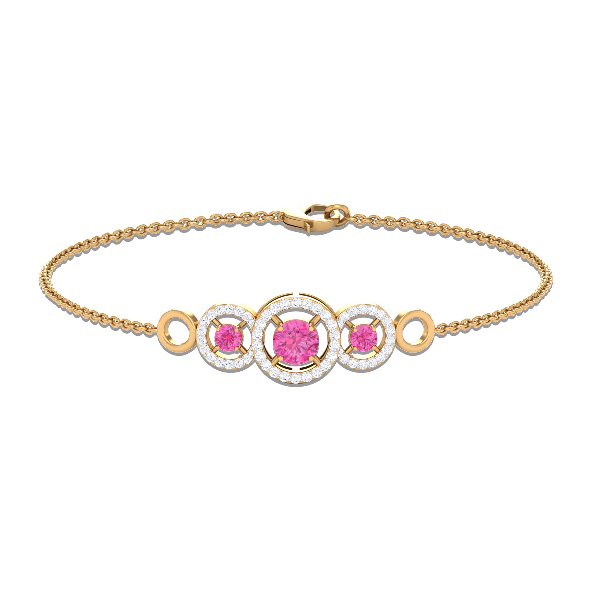 Designer Pink Sapphire and Diamond Three Stone Bracelet Pink Sapphire - ( AAA ) - Quality - Rosec Jewels