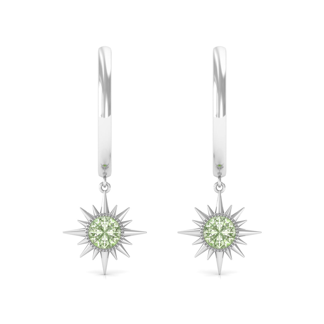 3/4 CT Milgrain Bezel Set Green Sapphire Sunburst Drop Hoop Earrings Green Sapphire - ( AAA ) - Quality - Rosec Jewels