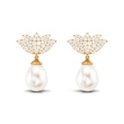 Pave Moissanite Lotus Flower and Freshwater Pearl Drop Earrings Freshwater Pearl - ( AAA ) - Quality - Rosec Jewels