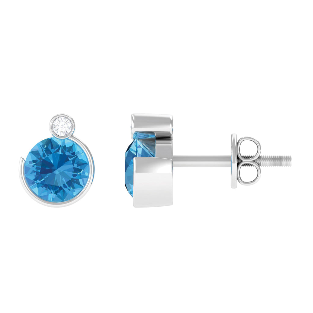 Round Swiss Blue Topaz Stud Earrings with Moissanite Swiss Blue Topaz - ( AAA ) - Quality - Rosec Jewels