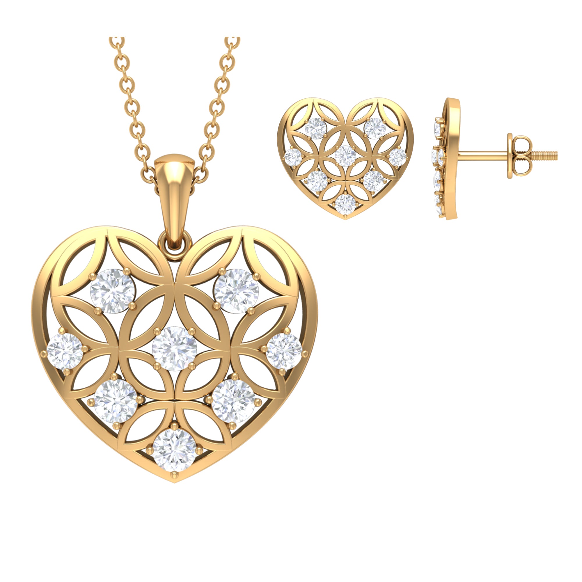 1.50 CT Zircon Heart Jewelry Set with Gold Cut Out Work Zircon - ( AAAA ) - Quality - Rosec Jewels