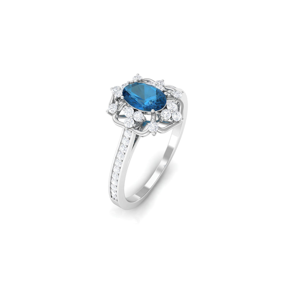 Vintage Style London Blue Topaz and Diamond Flower Engagement Ring London Blue Topaz - ( AAA ) - Quality - Rosec Jewels
