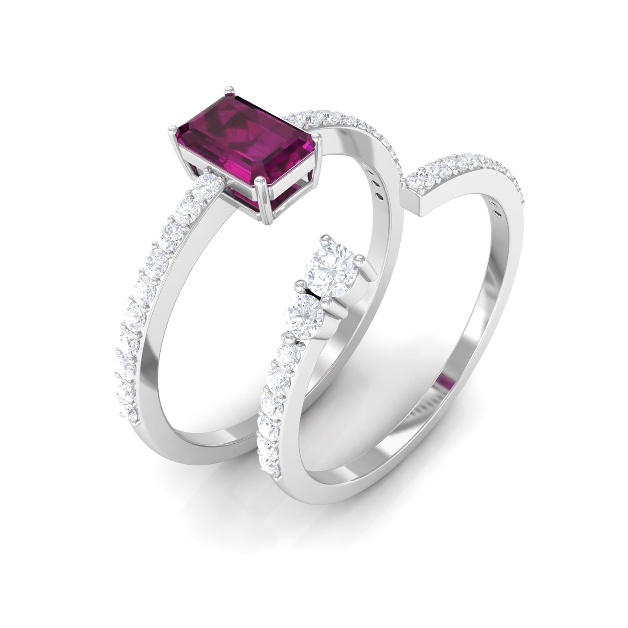 2.75 CT Emerald Cut Rhodolite and Diamond Stackable Ring Set Rhodolite - ( AAA ) - Quality - Rosec Jewels