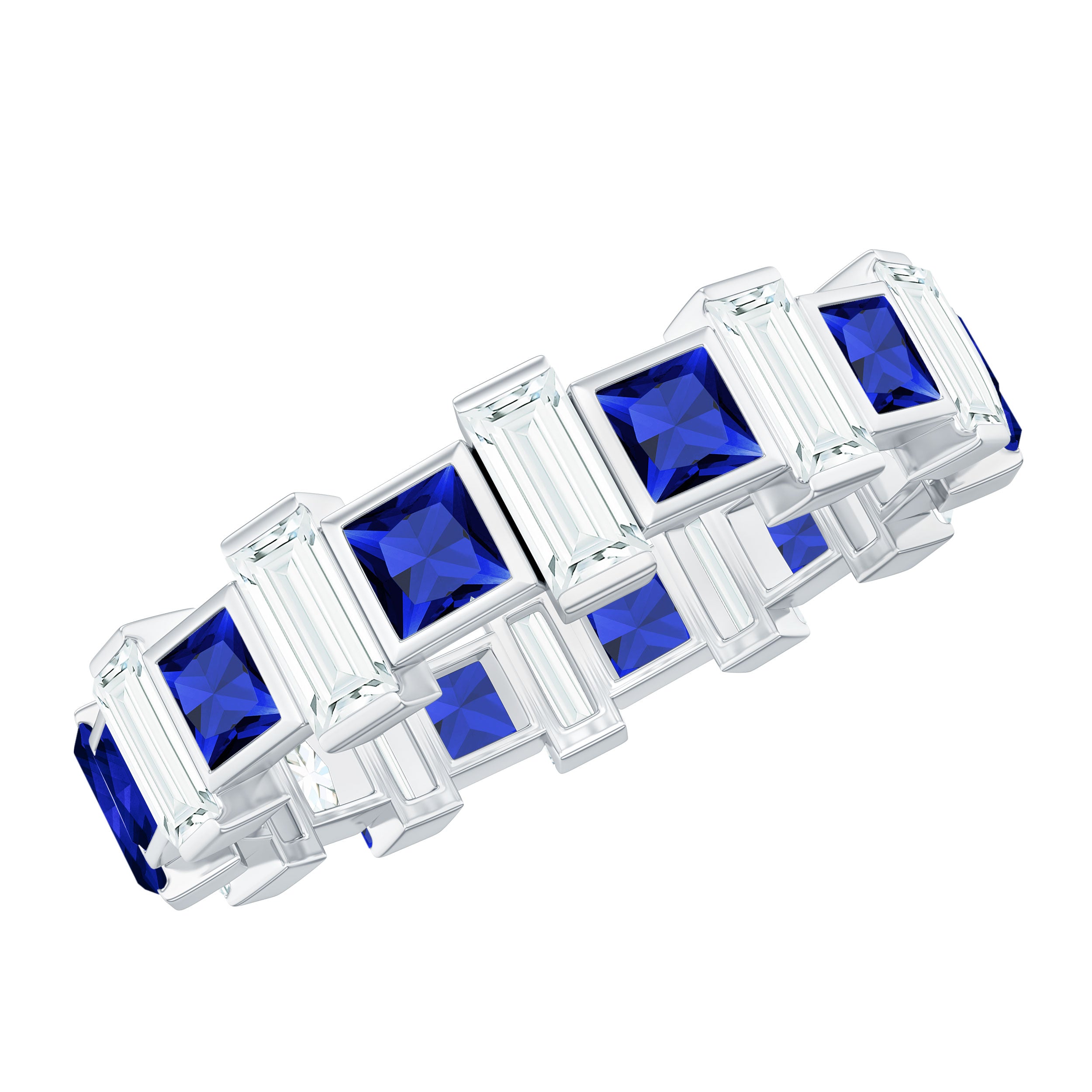 Princess Cut Created Blue Sapphire and Moissanite Eternity Ring Lab Created Blue Sapphire - ( AAAA ) - Quality - Rosec Jewels