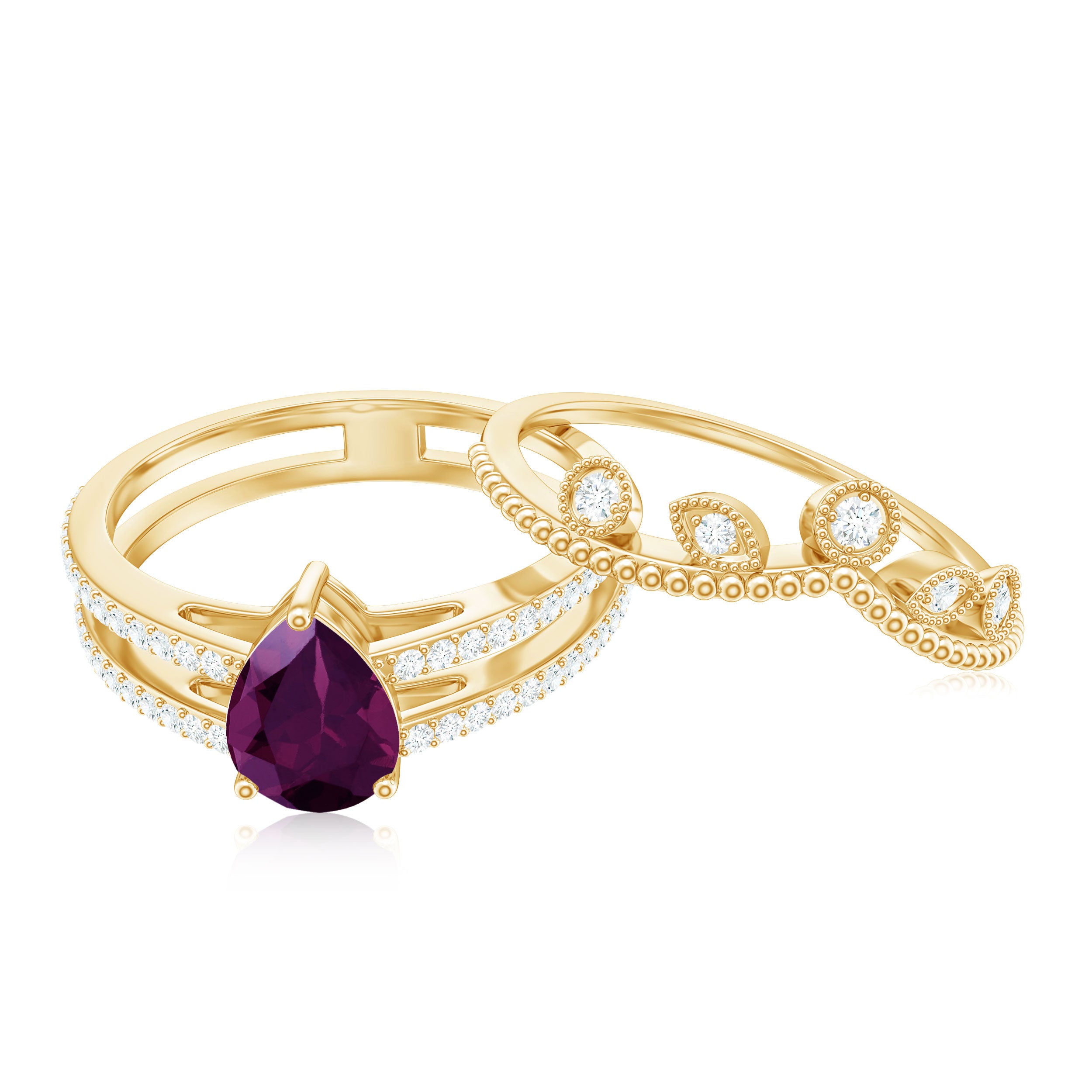 Pear Cut Genuine Rhodolite and Moissanite Wedding Ring Set Rhodolite - ( AAA ) - Quality - Rosec Jewels