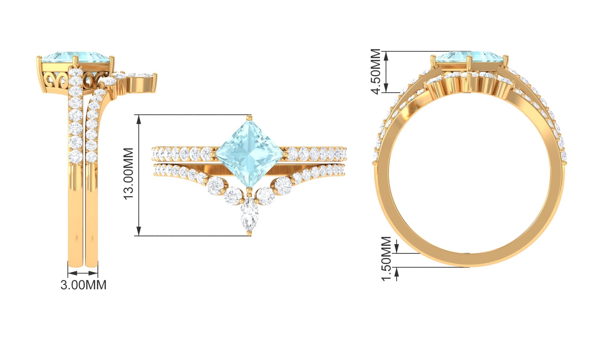 Princess Cut Solitaire Sky Blue Topaz Designer Ring Set with Moissanite Sky Blue Topaz - ( AAA ) - Quality - Rosec Jewels