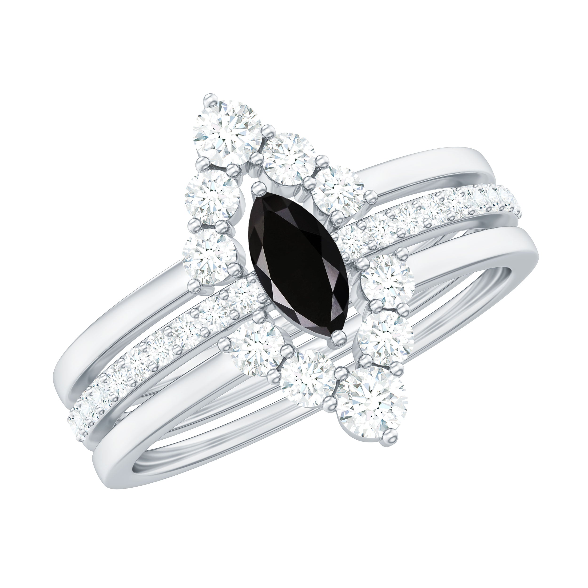 Marquise Cut Black Onyx Solitaire Trio Ring Set with Moissanite Black Onyx - ( AAA ) - Quality - Rosec Jewels