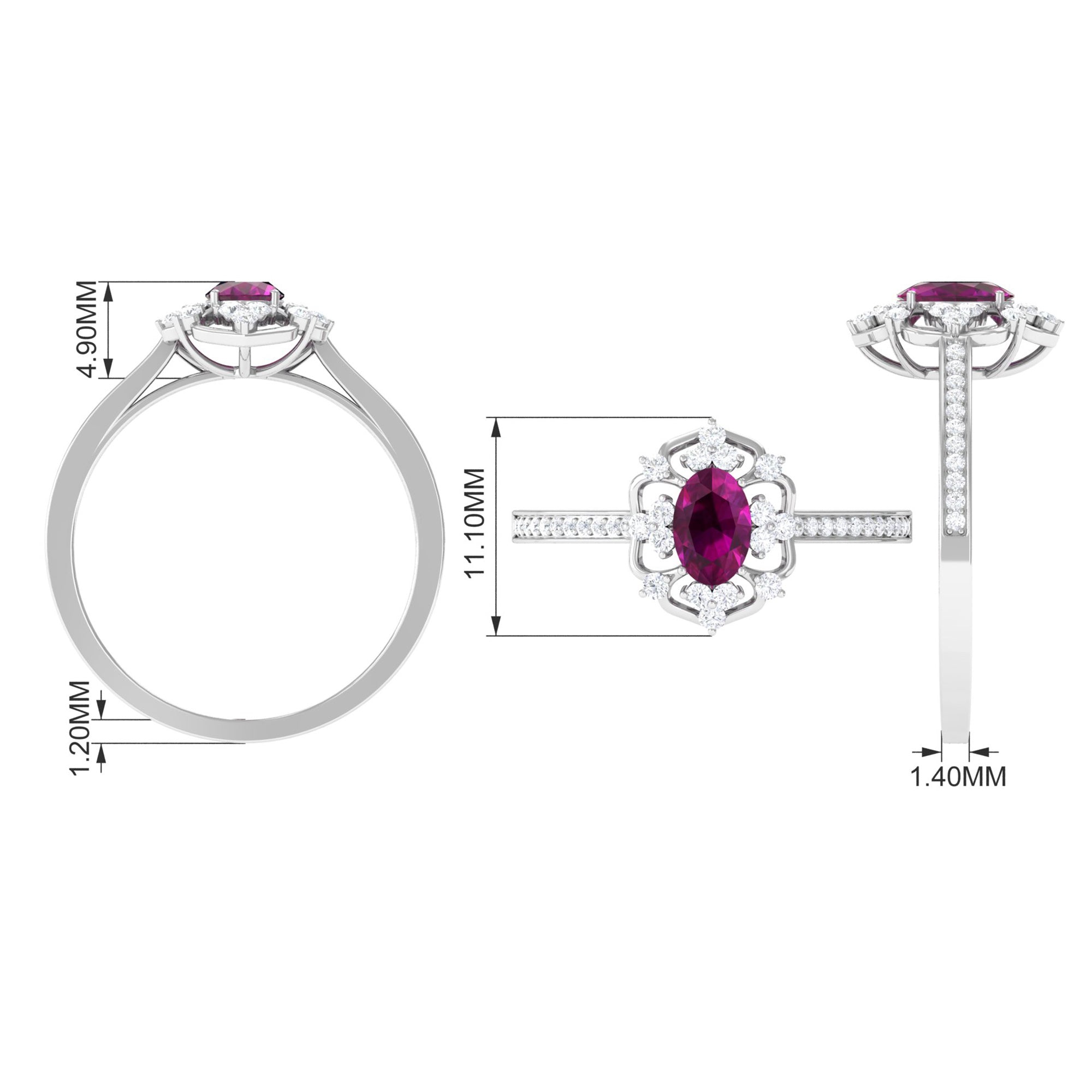 Vintage Style Rhodolite and Diamond Flower Engagement Ring Rhodolite - ( AAA ) - Quality - Rosec Jewels