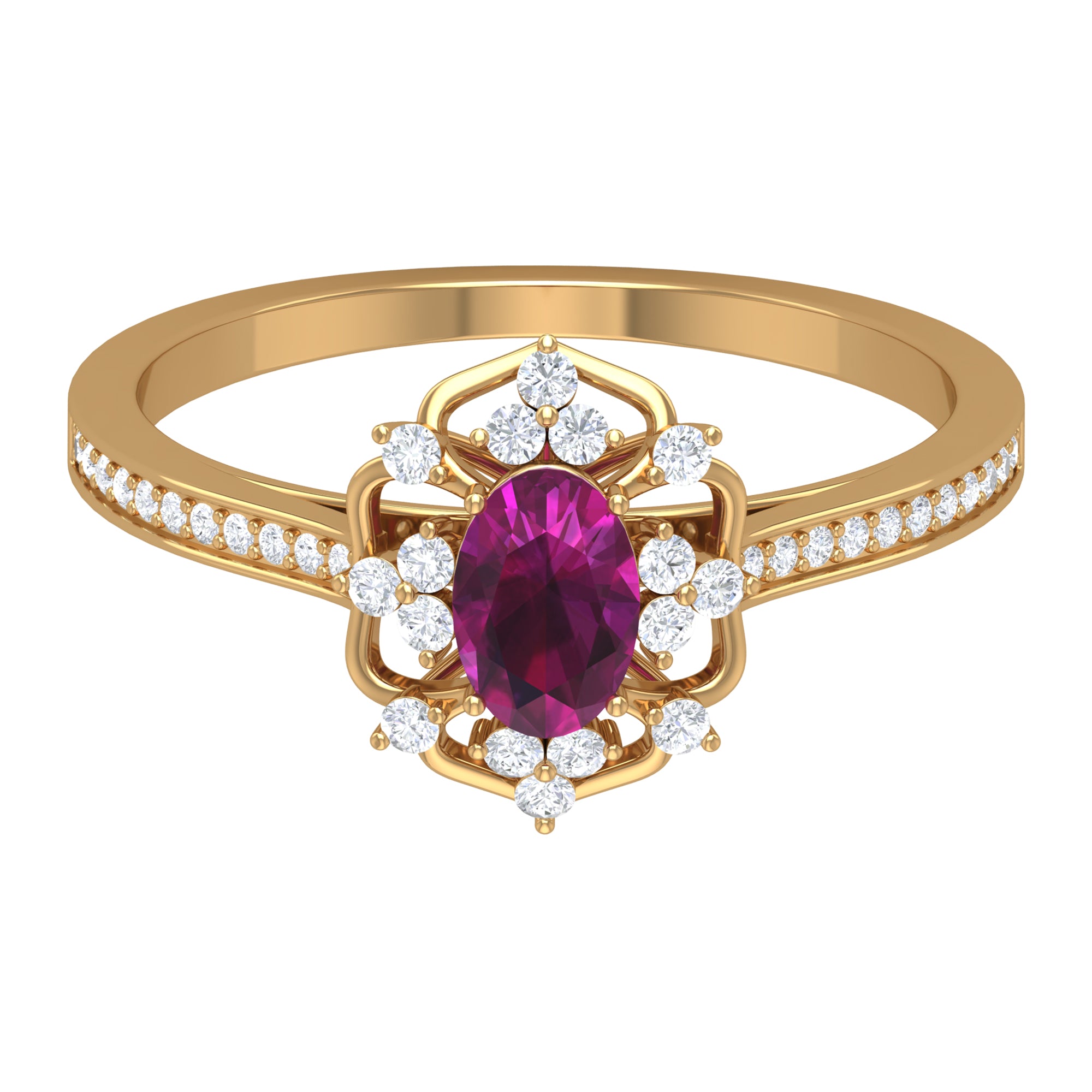Vintage Style Rhodolite and Diamond Flower Engagement Ring Rhodolite - ( AAA ) - Quality - Rosec Jewels