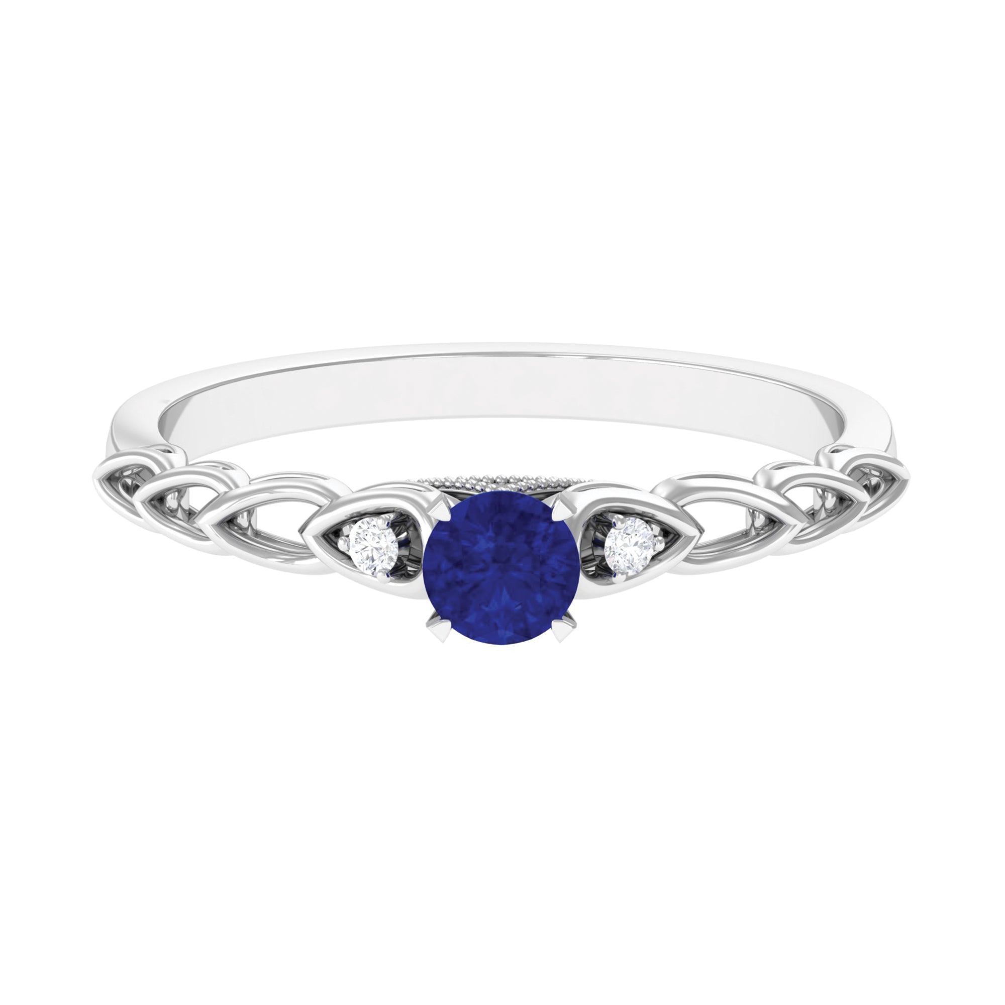 Round Created Blue Sapphire and Diamond Designer Promise Ring Lab Created Blue Sapphire - ( AAAA ) - Quality - Rosec Jewels