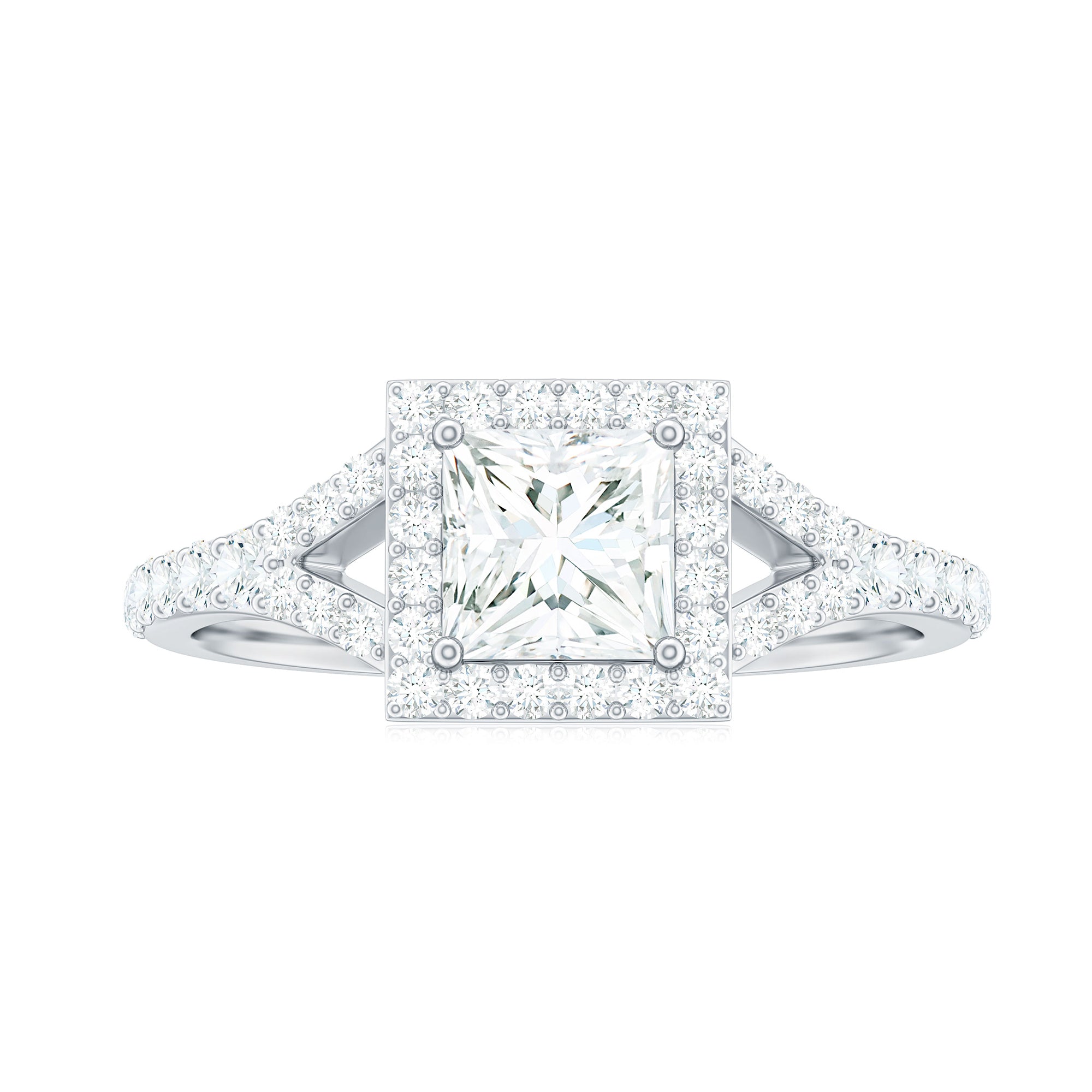 Halo Princess Cut Moissanite Split Shank Engagement Ring Gold Moissanite - ( D-VS1 ) - Color and Clarity - Rosec Jewels