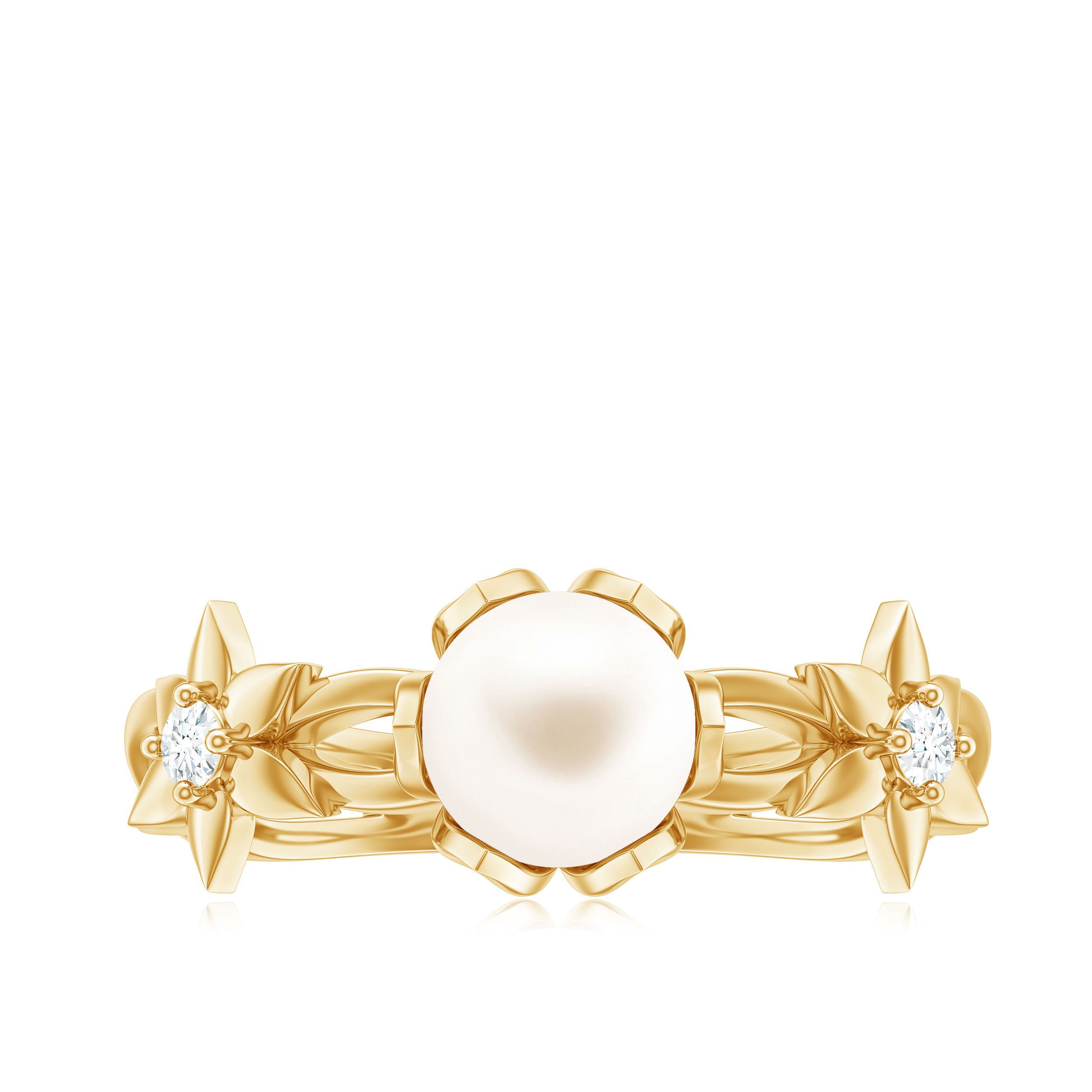 Natural Freshwater Pearl Solitaire Flower Band Ring with Diamond Freshwater Pearl - ( AAA ) - Quality - Rosec Jewels