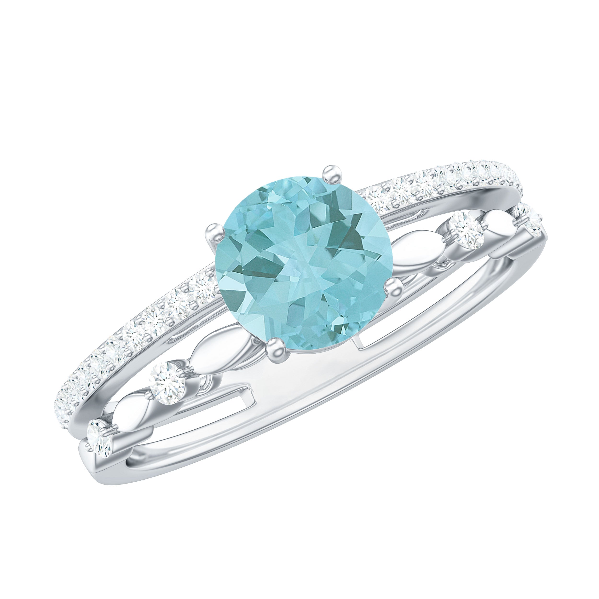 Solitaire Sky Blue Topaz Double Band Engagement Ring with Diamond Sky Blue Topaz - ( AAA ) - Quality - Rosec Jewels