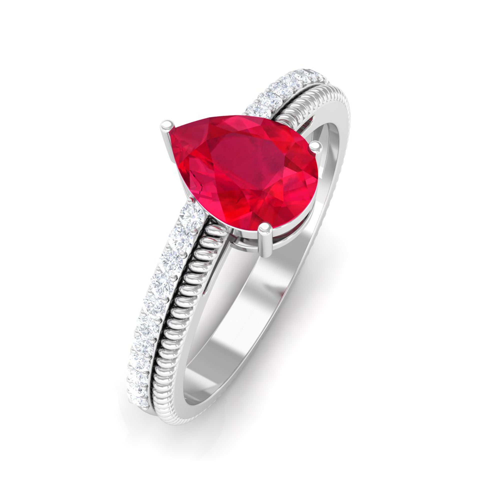 Pear Shape Lab Grown Ruby and Diamond Solitaire Ring with Twisted Rope Lab Created Ruby - ( AAAA ) - Quality - Rosec Jewels
