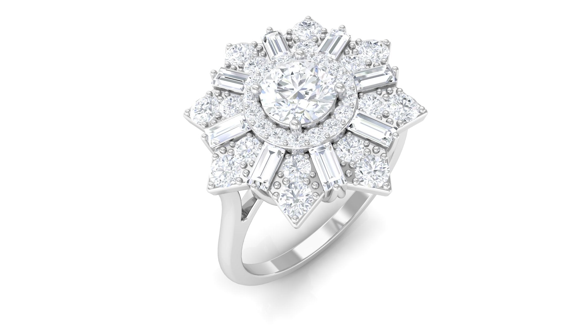 2.25 CT Baguette and Round Moissanite Statement Ring Moissanite - ( D-VS1 ) - Color and Clarity - Rosec Jewels