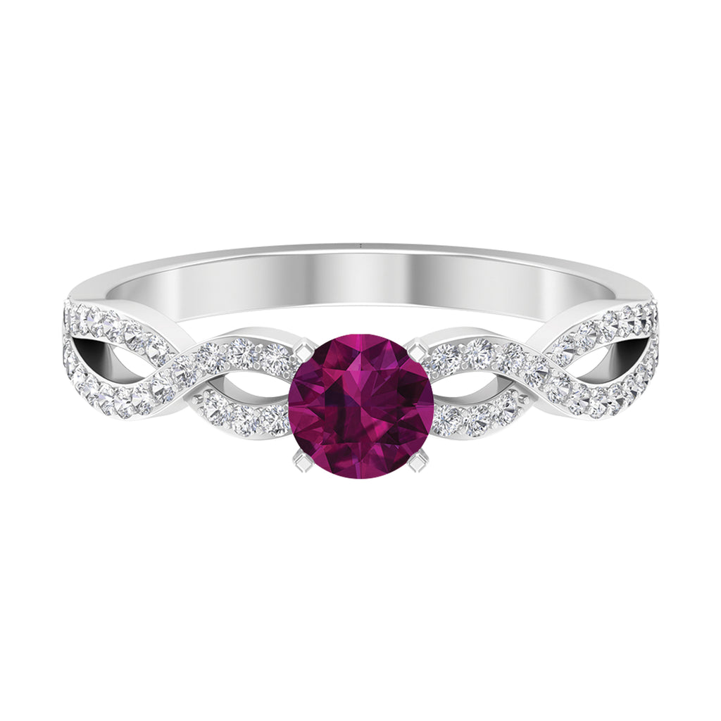 1 CT Round Shape Rhodolite and Diamond Criss Cross Ring Rhodolite - ( AAA ) - Quality - Rosec Jewels